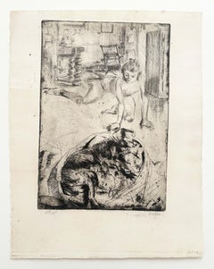 Minne joue avec un chien dans un panier Minne jouant avec un chien dans un panier