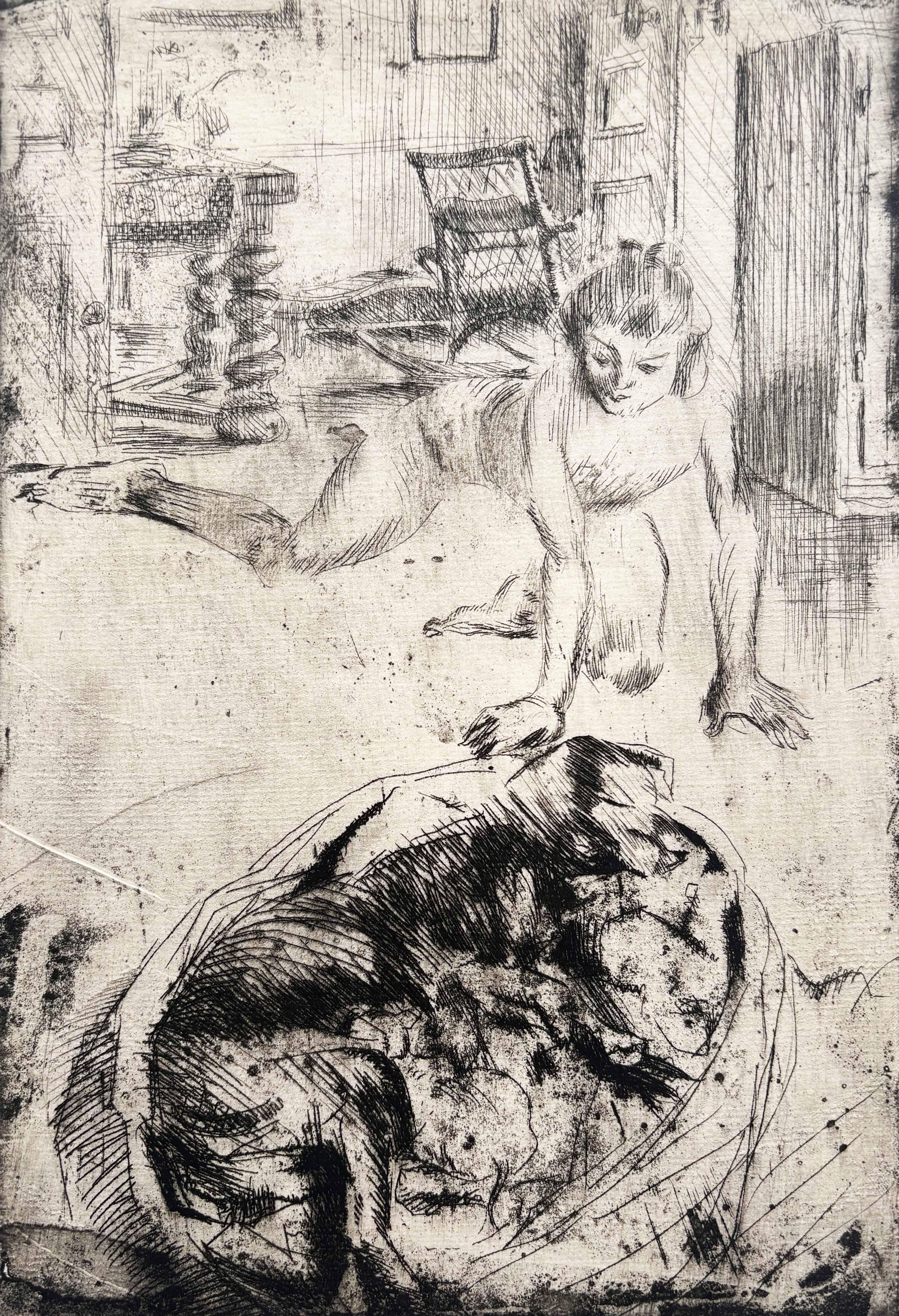 Jacques Villon Figurative Print - Minne Playing with a Dog in a Basket  Minne jouant avec un chien dans un panier
