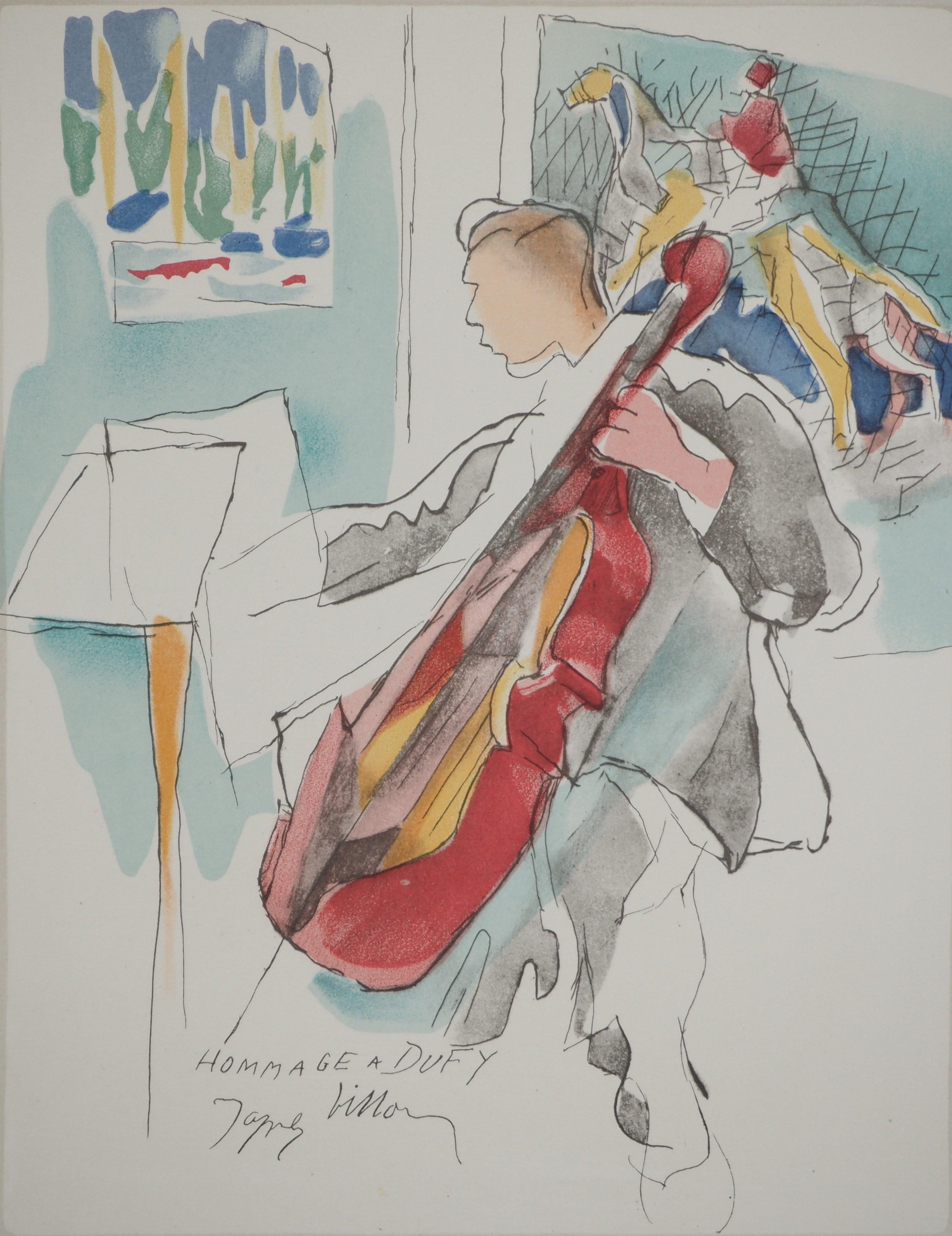 Música : El violonchelista - Litografía original (Mourlot) - Print de Jacques Villon