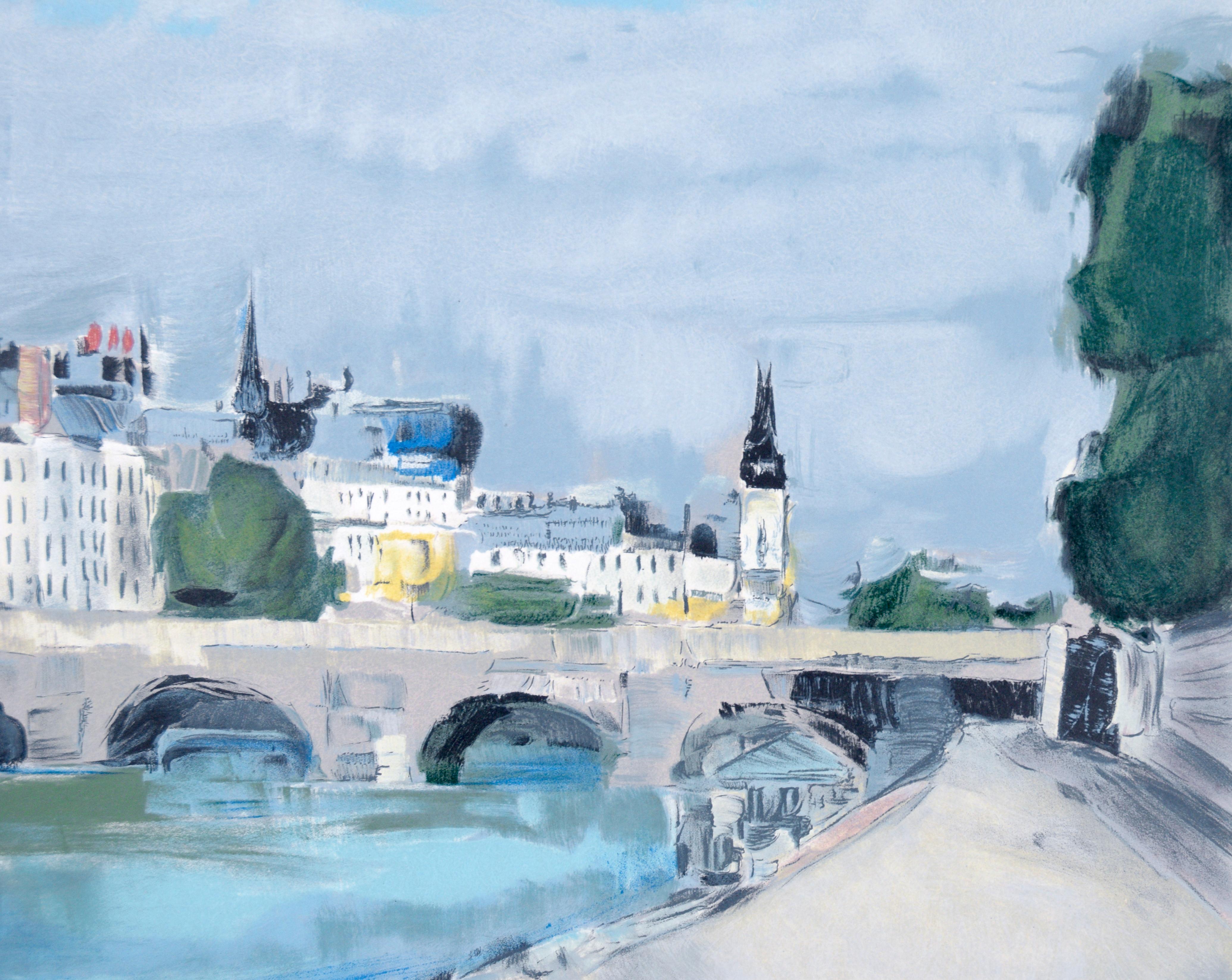 Impressionistische Landschaft der Pariser Flussufer, Lithographie auf Papier, „Bord de Fleuve“ (Impressionismus), Print, von Jacques Voyet