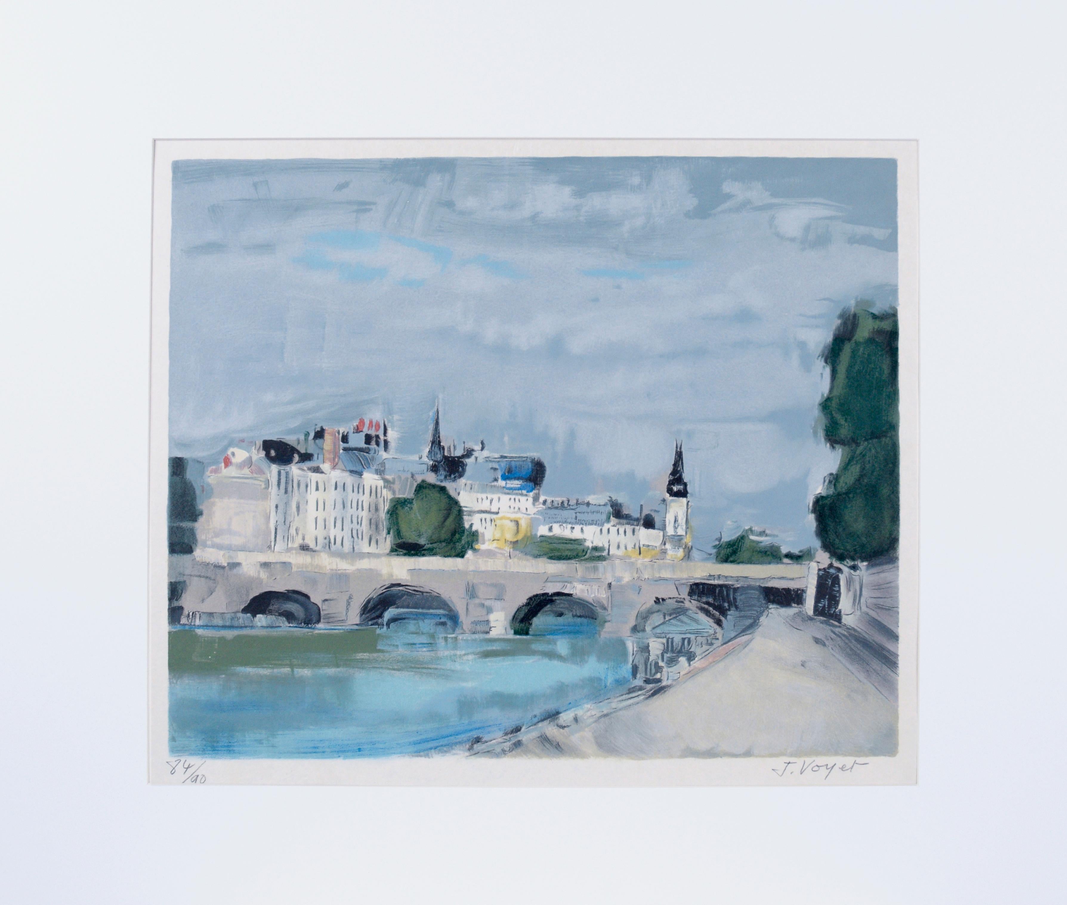 Jacques Voyet Print - "Bord de Fleuve" Impressionist Landscape of Riverside Paris, Lithograph on Paper