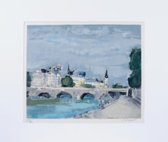 "Bord de Fleuve" Impressionist Landscape of Riverside Paris, Lithograph on Paper