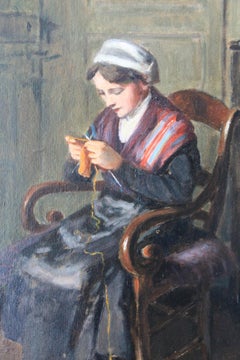 Antique Interior scene of a woman knitting by Jacques Weismann (1878-1962)