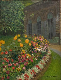 "Cityscape - Backyard with Flower Bed" Impressionist Floral Oil Painting Framed