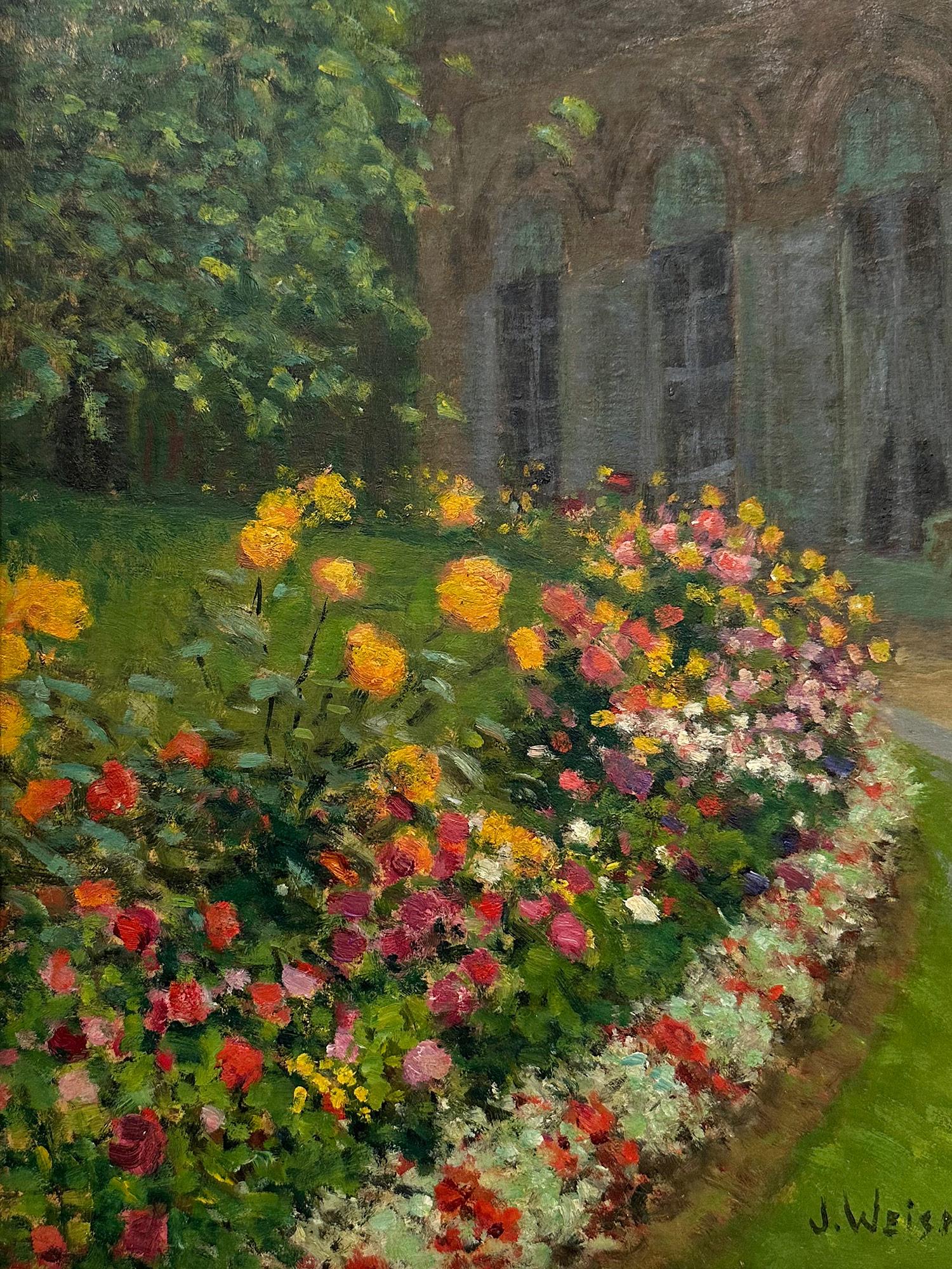This piece is a pertinent example of Jacques Weismann's most sought after works, depicting a Garden view with flowers by an elegant building in the background.  As an American Impressionist artist, most of Weismann's works were produced in the Early