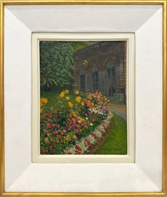 « Cityscape - Backyard with Flower Bed » Peinture à l'huile impressionniste à fleurs encadrée