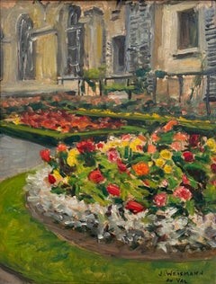 "Cityscape with Flower Beds" Colorful Impressionist Floral Oil Painting Framed