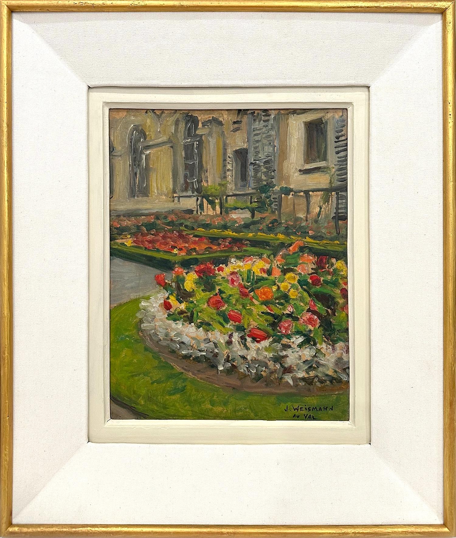 Jacques Weismann Landscape Painting - "Cityscape with Flower Beds" Colorful Impressionist Floral Oil Painting Framed