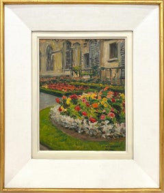 "Paesaggio urbano con aiuole" colorato dipinto a olio floreale impressionista con cornice