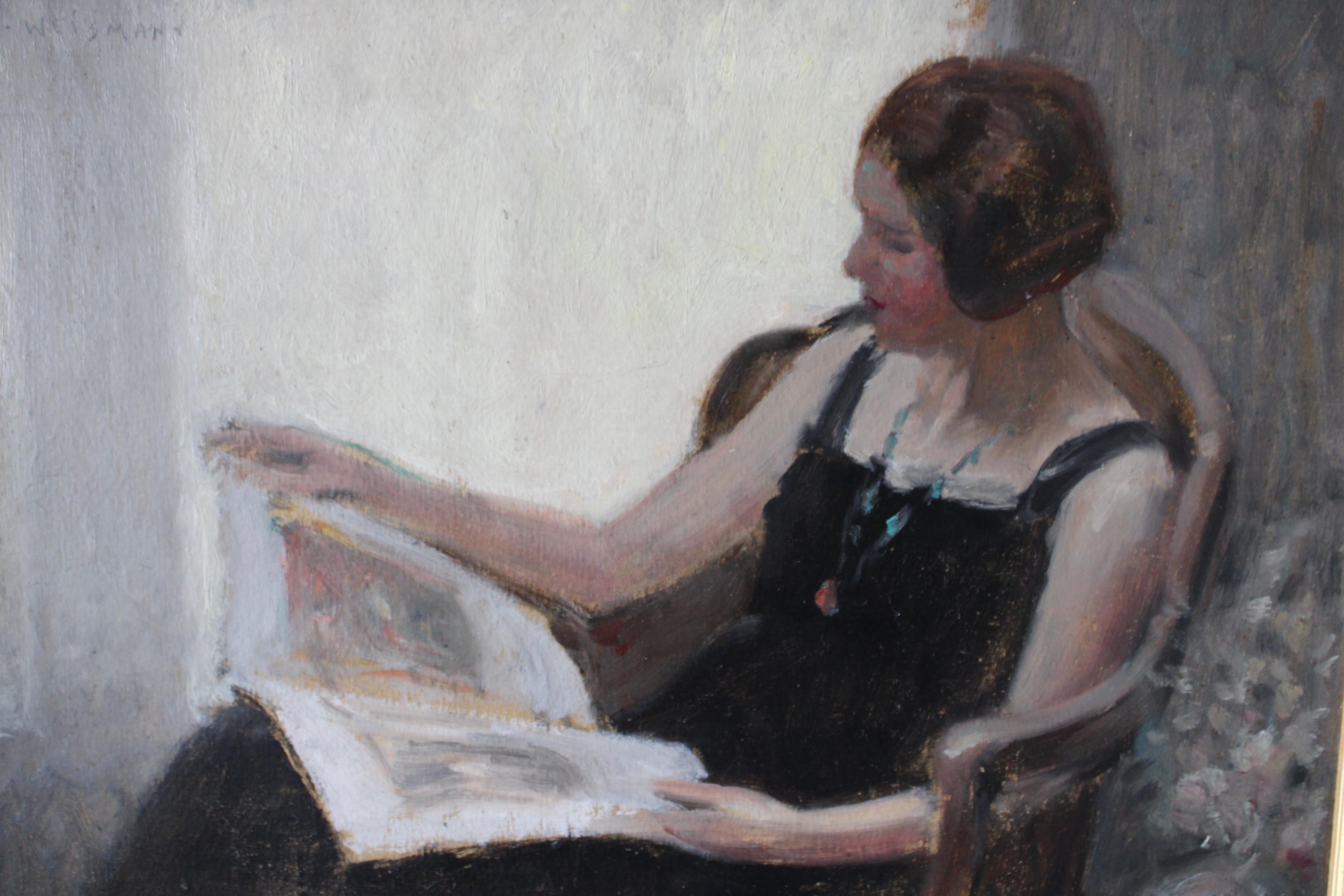 Porträt einer lesenden Frau, antikes Porträt figurative Landschaft Ölgemälde – Painting von Jacques Weismann