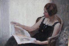 Portrait of a woman reading, antique portrait figurative landscape oil painting