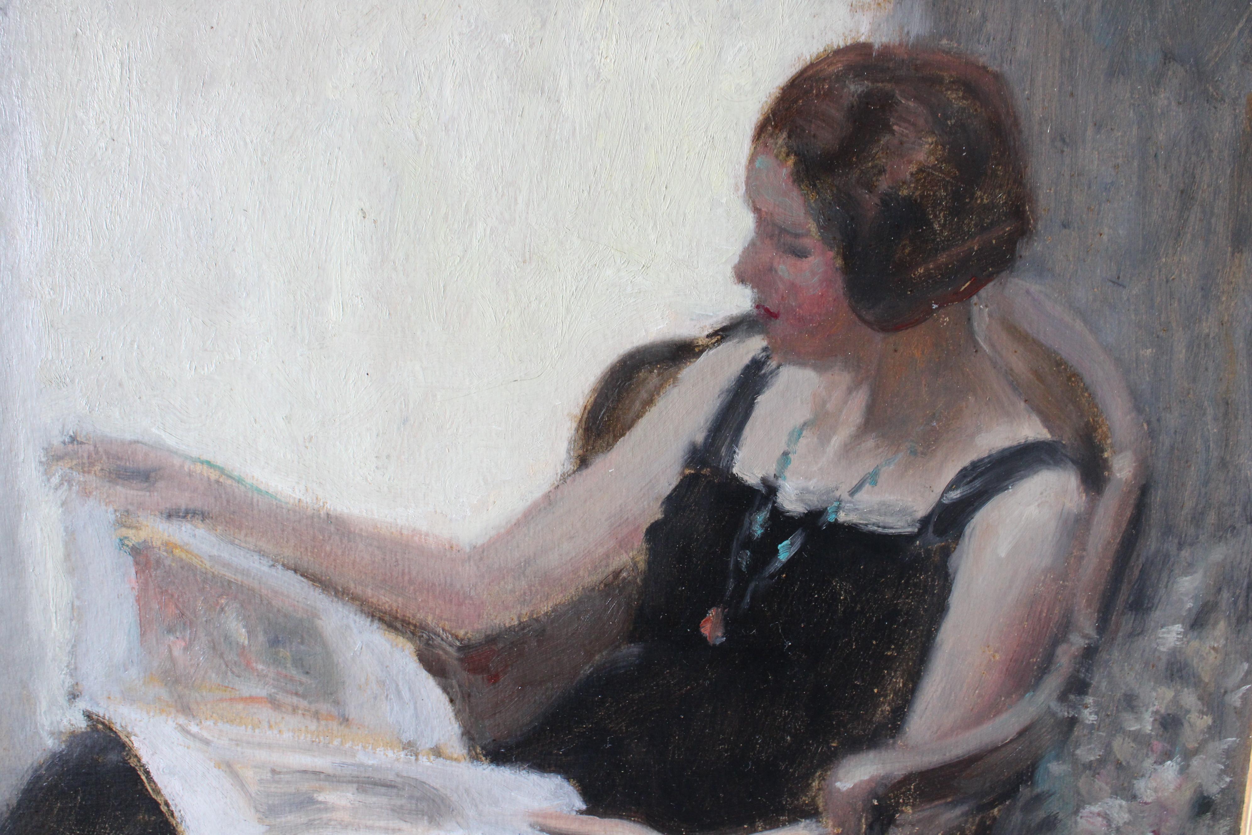 Porträt einer lesenden Frau, antikes Porträt figurative Landschaft Ölgemälde (Französische Schule), Painting, von Jacques Weismann