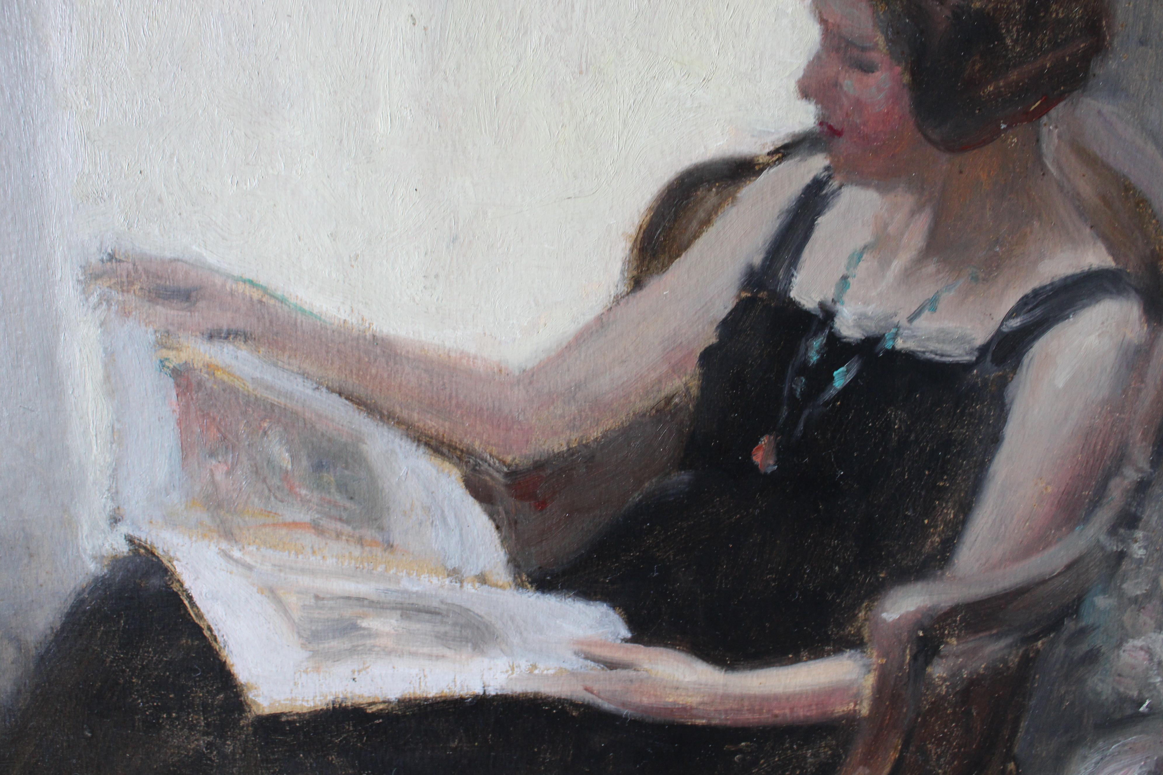 Porträt einer lesenden Frau, antikes Porträt figurative Landschaft Ölgemälde (Grau), Figurative Painting, von Jacques Weismann