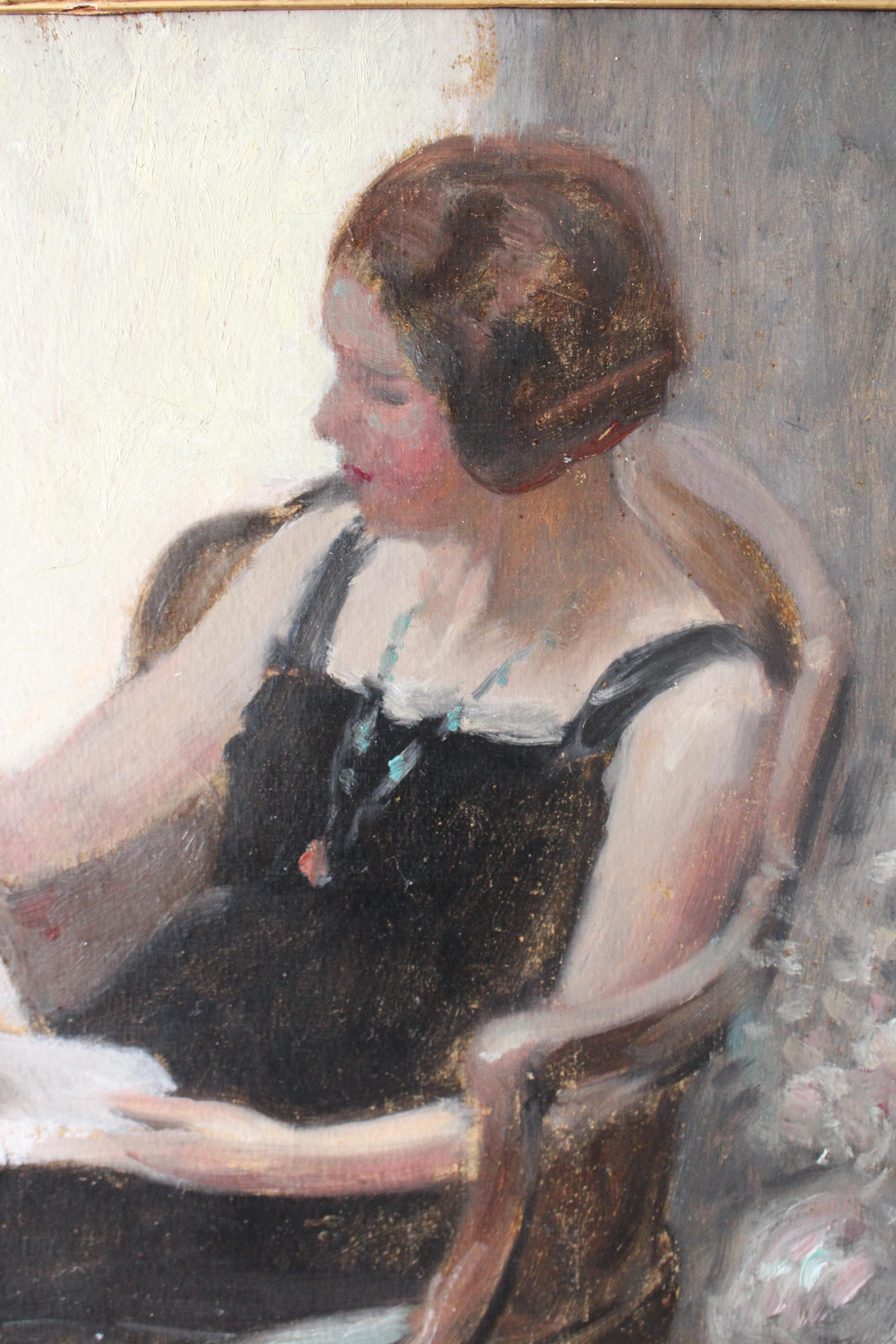 Antikes doppelseitiges post-impressionistisches Porträt einer lesenden Frau.  Dieses post-impressionistische Ölgemälde auf Karton stammt aus den 1920er Jahren.  Auf jeder Seite befindet sich ein Gemälde.  Auf der Rückseite sitzt eine Frau auf einem
