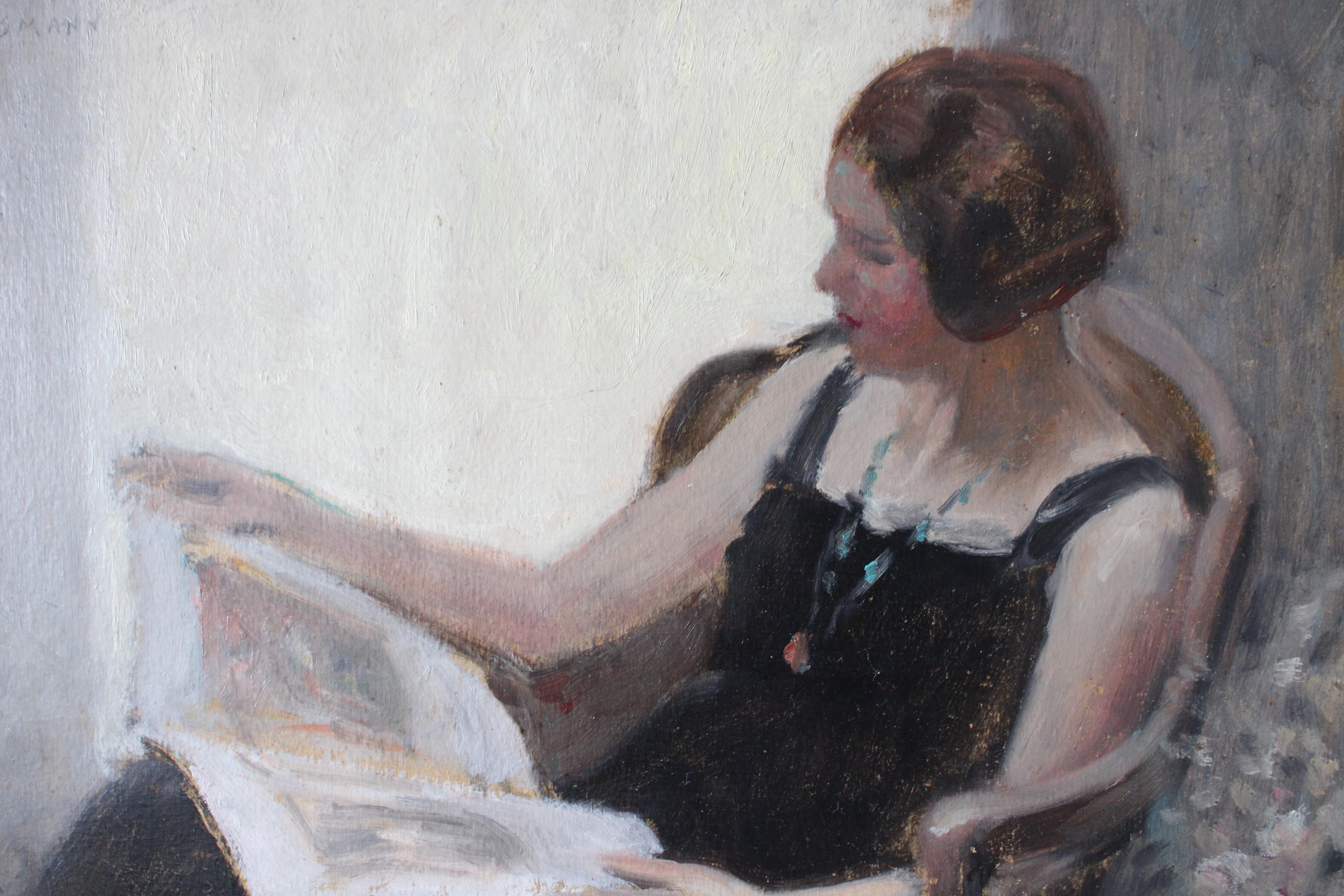 Porträt einer lesenden Frau, antikes Porträt figurative Landschaft Ölgemälde im Angebot 1