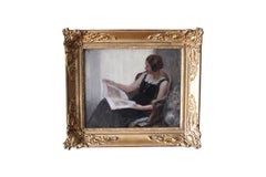 Portrait of a woman reading, Antique portrait figurative landscape oil painting