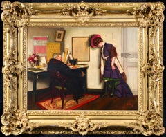 The Debt - Art Nouveau Oil, Elegant Figures in Interior by Jacques Wely