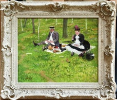 The Picnic – Öl, elegante Figuren in Landschaft von Jacques Wely, 19. Jahrhundert