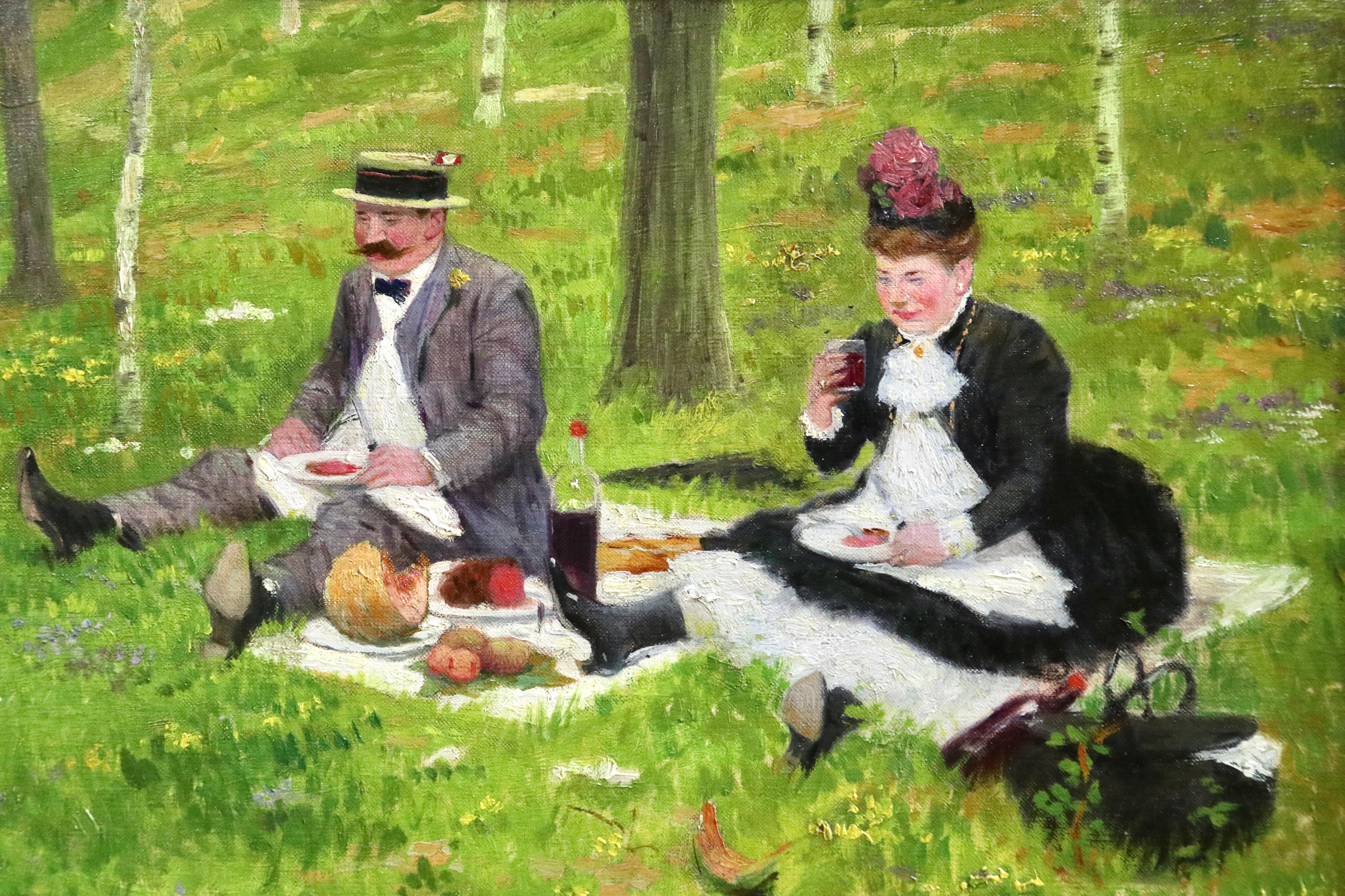  Oil on canvas by Jacques Wely depicting an elegant man and woman enjoying a picnic. Signed and dated 1909 lower right. Framed dimensions are 19 inches high by 22 inches wide.

Jacques Wely Jacques Wely was a French painter and illustrator born in