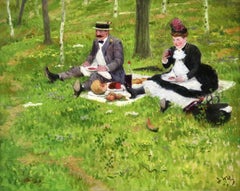 The Picnic – Öl, elegante Figuren in Landschaft von Jacques Wely, 19. Jahrhundert