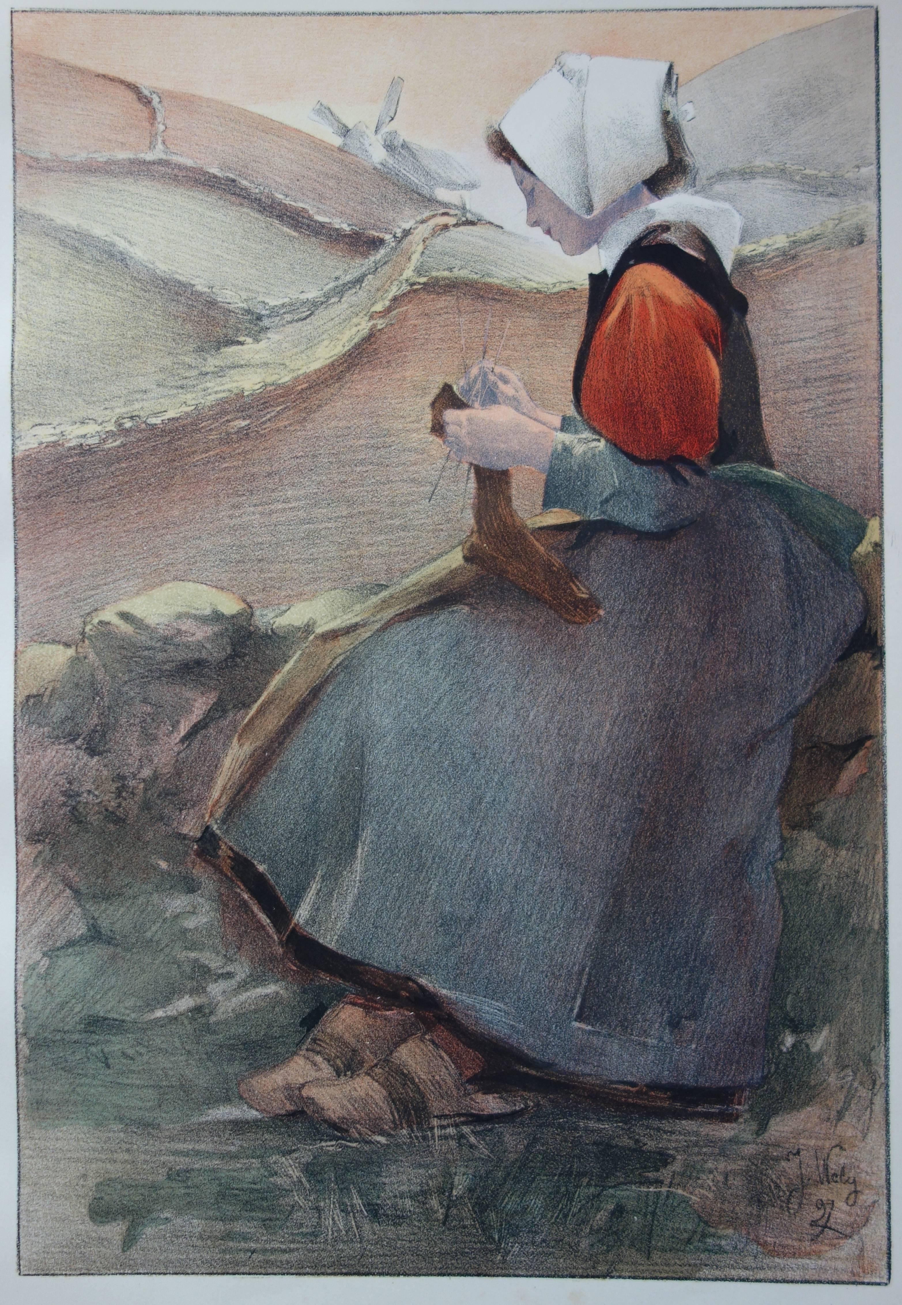Figurative Print de Jacques Wely - Mujer bretona tejiendo con traje tradicional - Litografía original, 1897