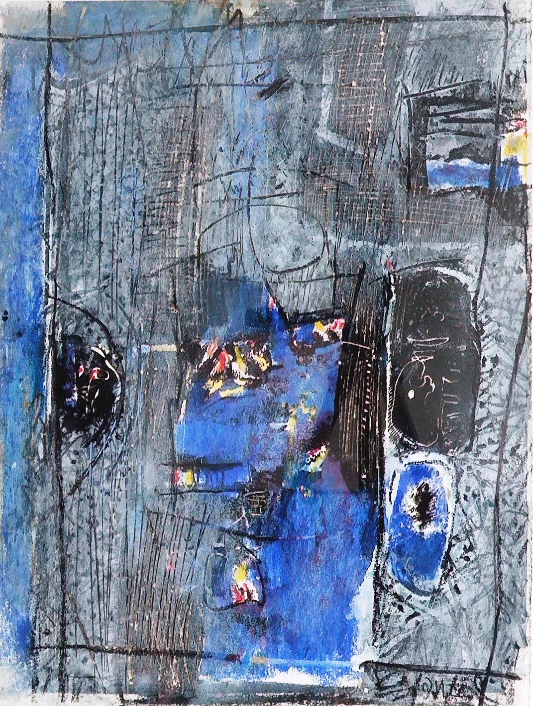 Jacques Yankel Figurative Painting - Blue grey Yankel Contemporary painting figurative art blue colour portrait