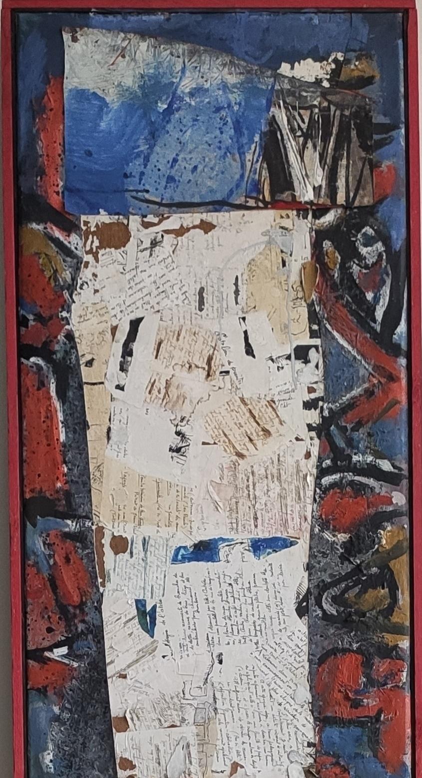 Ciseaux Yankel Peinture contemporaine art abstrait collage rouge bleu noir - Gris Abstract Painting par Jacques Yankel