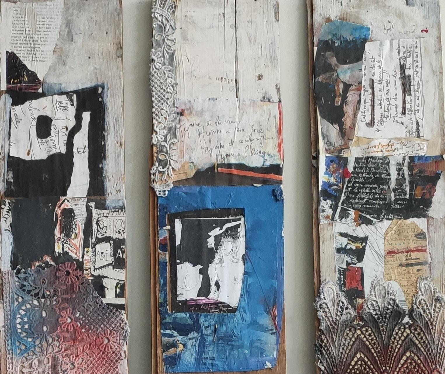 Three more time Yankel Contemporary painting arbstract collage art triptych - Painting by Jacques Yankel