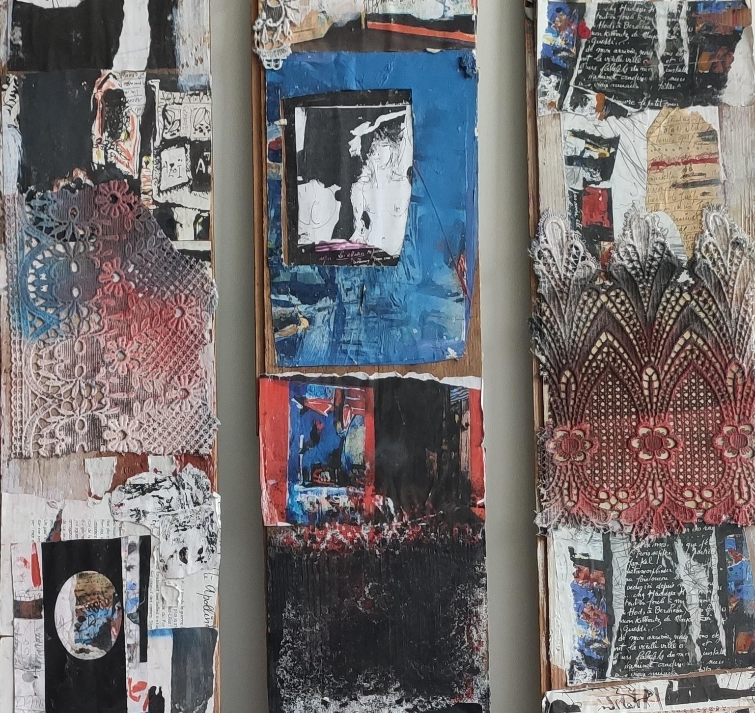 Tres veces más Yankel Pintura contemporánea arbstracta collage arte tríptico - Figurative Painting Gris de Jacques Yankel