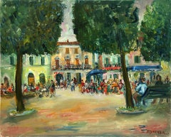 „Downtown Plaza“ Postimpressionistische Landschaft des Postimpressionismus, Ölgemälde mit Figuren in Plaza