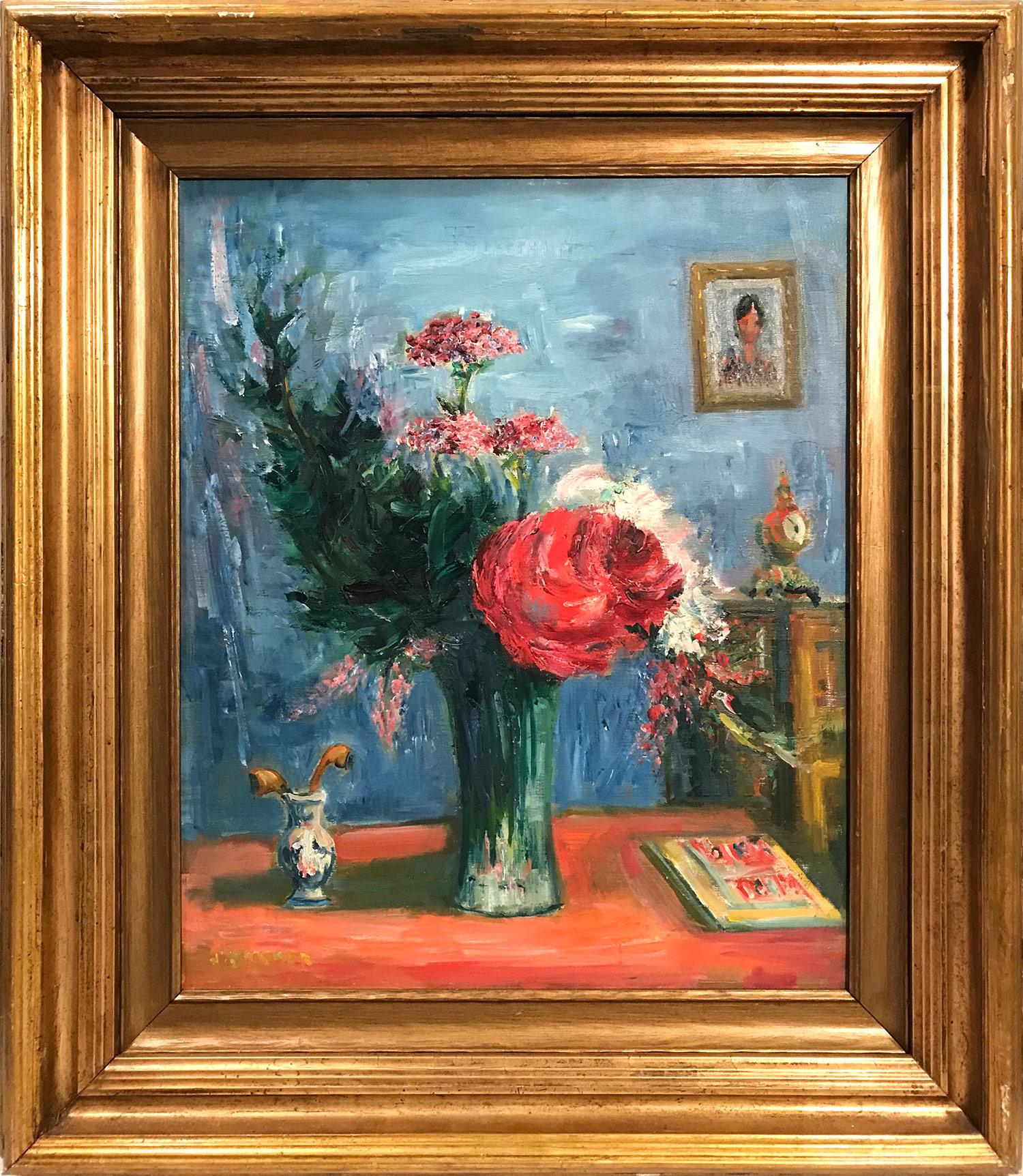 Jacques Zucker Still-Life Painting - "Bouquet Interior Scene" Post-Impressionism Still Life Oil Painting on Canvas