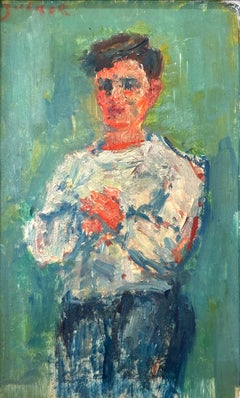 "Boy Standing in France" French Post-Impressionist Oil Painting on Board Framed