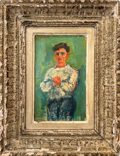 "Boy Standing in France" French Post-Impressionist Oil Painting on Board Framed