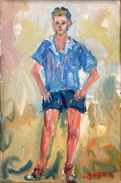 "Boy Standing in France" French Post-Impressionist Oil Painting on Board Framed