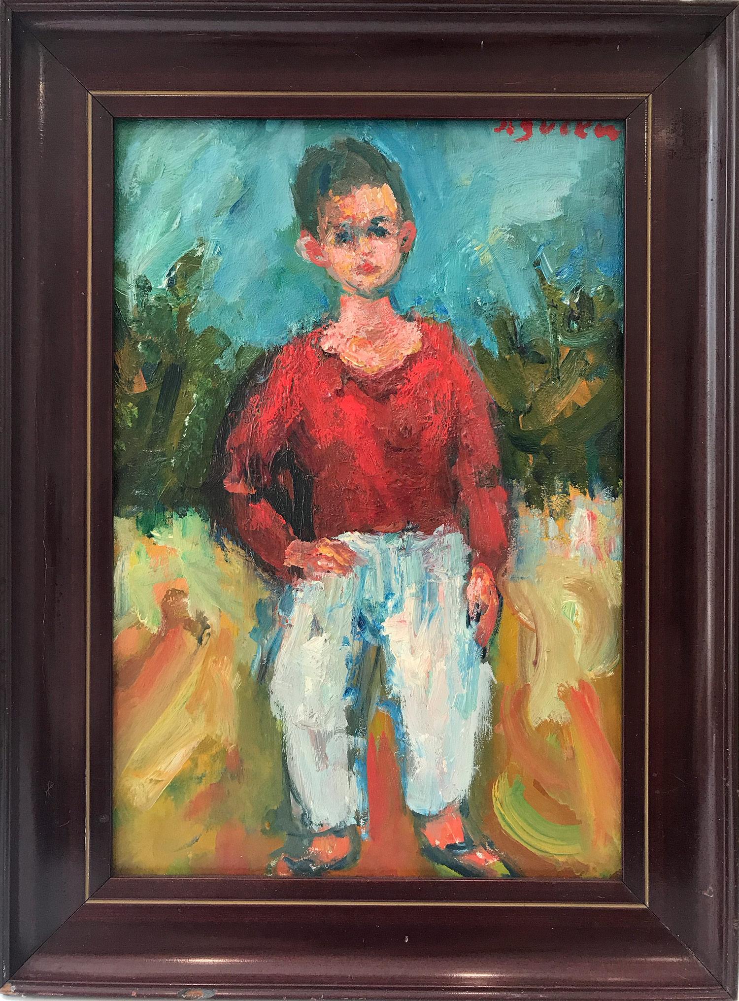 "Boy Standing" Post-Impressionism French Oil Painting on Board of Figure Outside
