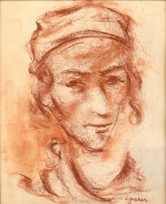 "Niño con gorra" Pintura francesa post-impresionista a la tiza sepia sobre papel Enmarcada