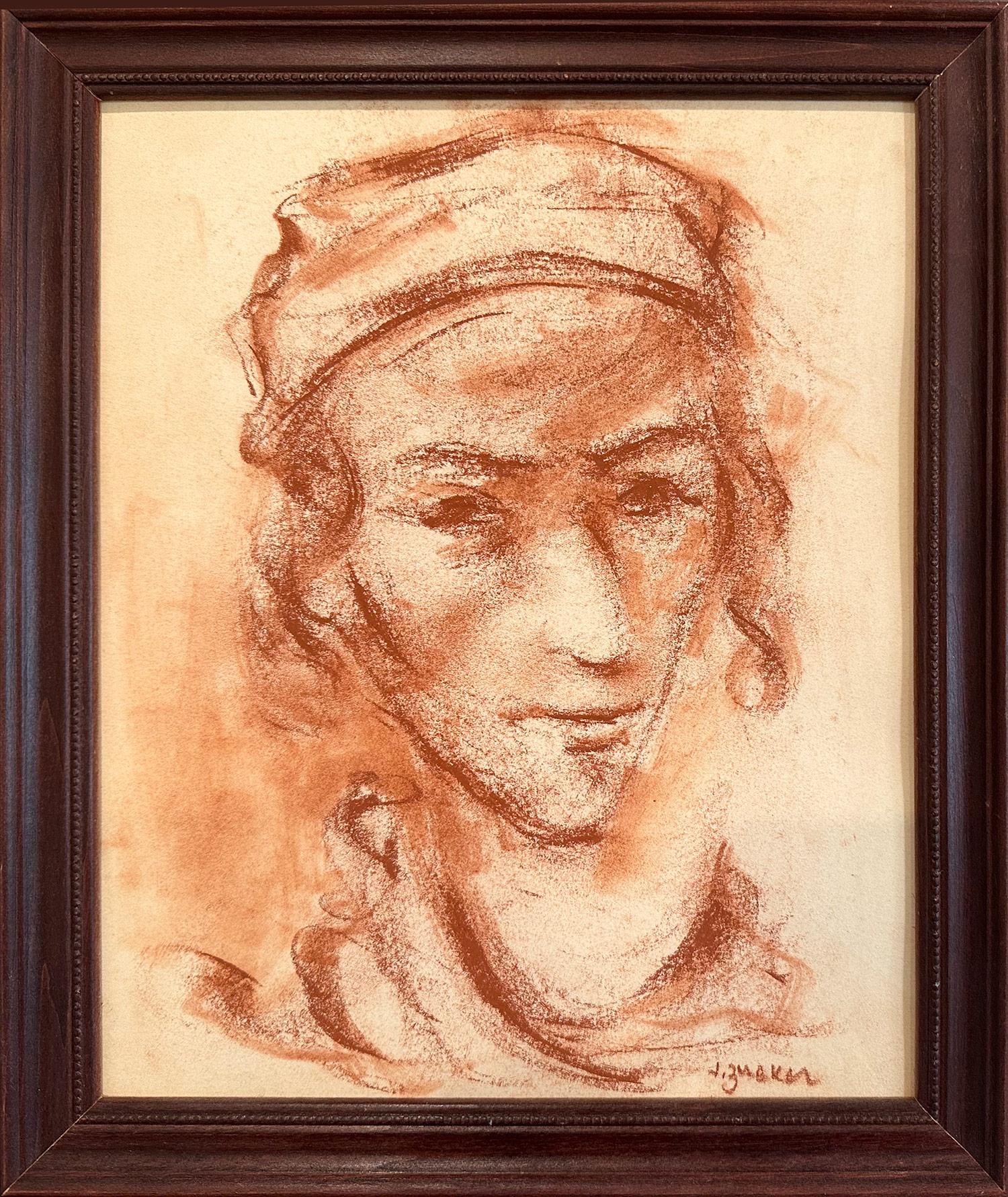 "Niño con gorra" Pintura francesa post-impresionista a la tiza sepia sobre papel Enmarcada