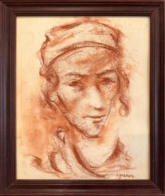 "Niño con gorra" Pintura francesa post-impresionista a la tiza sepia sobre papel Enmarcada
