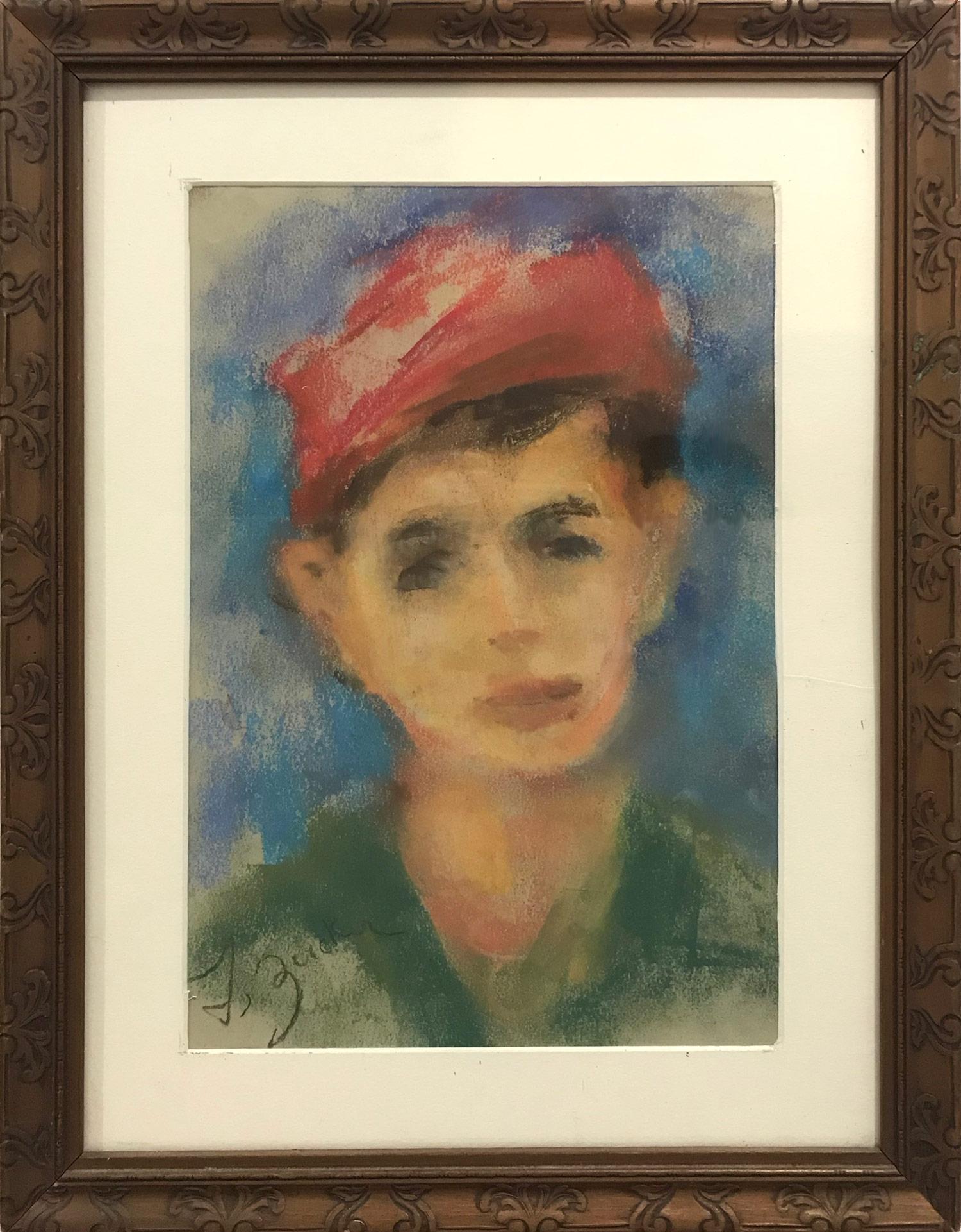 Jacques Zucker Portrait Painting - "Boy with Red Cap" Post-Impressionism French Color Pastel Painting on paper