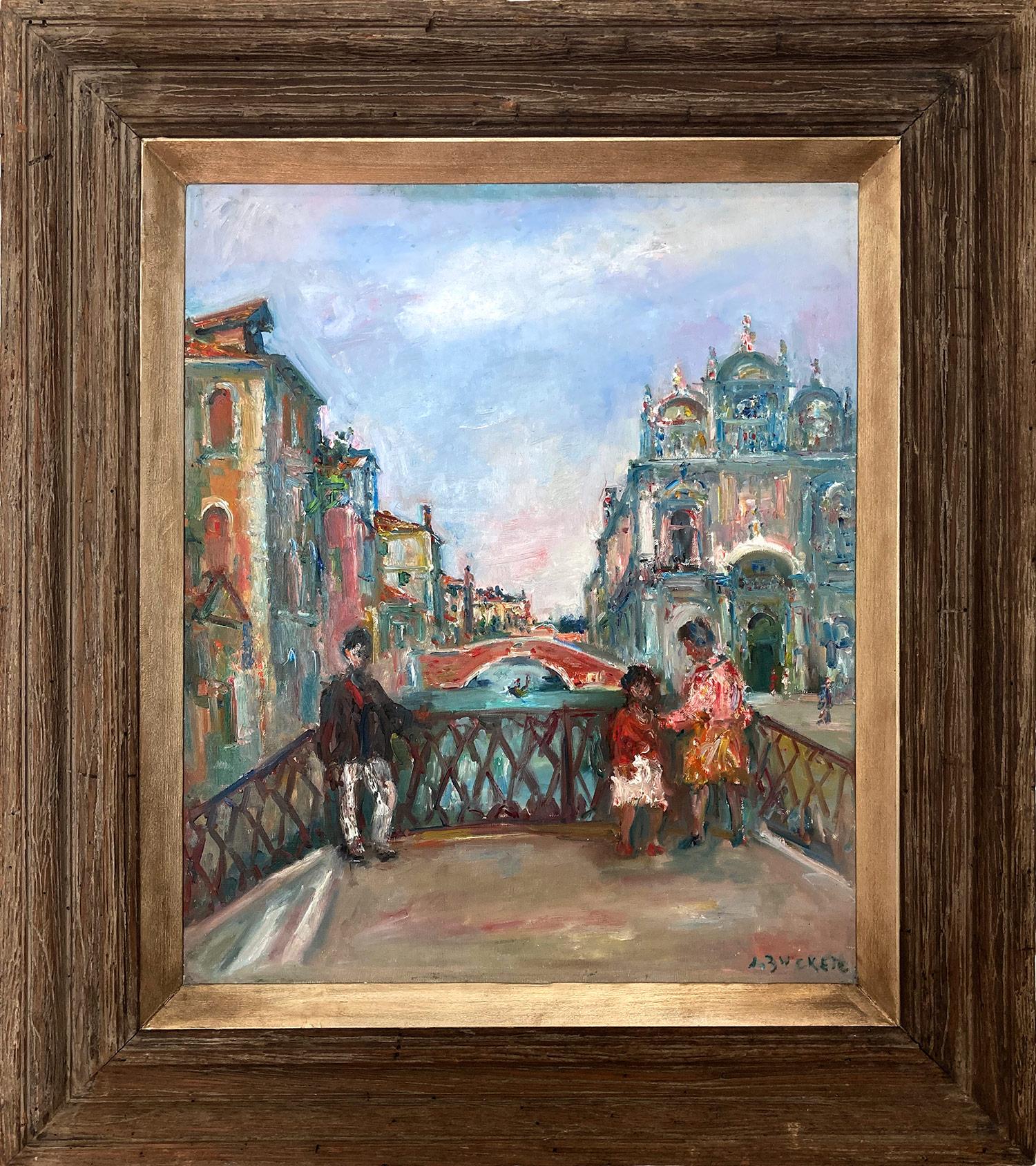 Jacques Zucker Landscape Painting - "View of Scuola Grande di San Marco" Post-Impressionist Oil Painting on Canvas