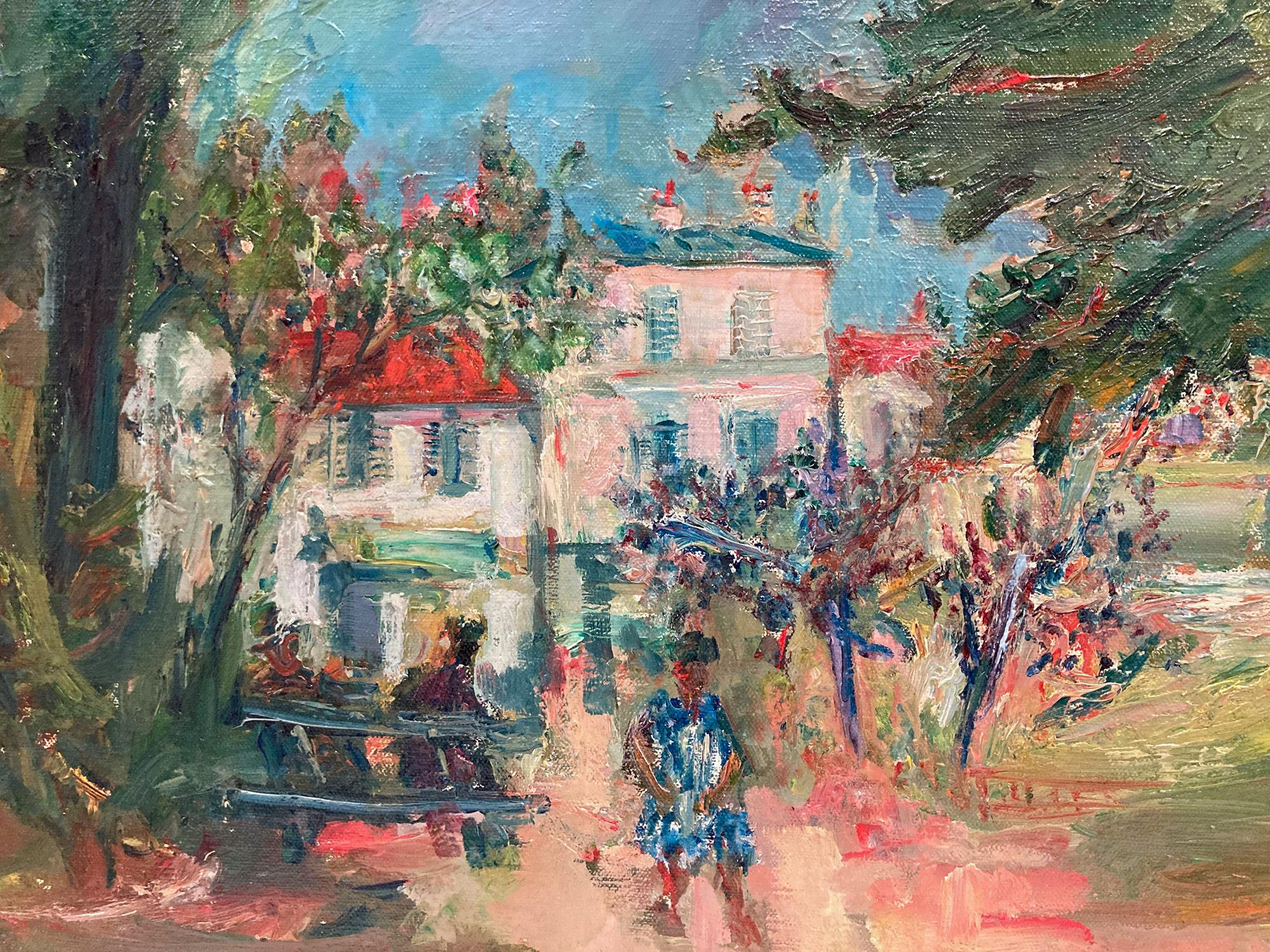 A charming depiction of figures seated on a bench by the village in a Parisian setting. The colors are breathtaking, as the impressionistic details are noted with thicker use of paint. The composition is wonderful, as each figure is captured in