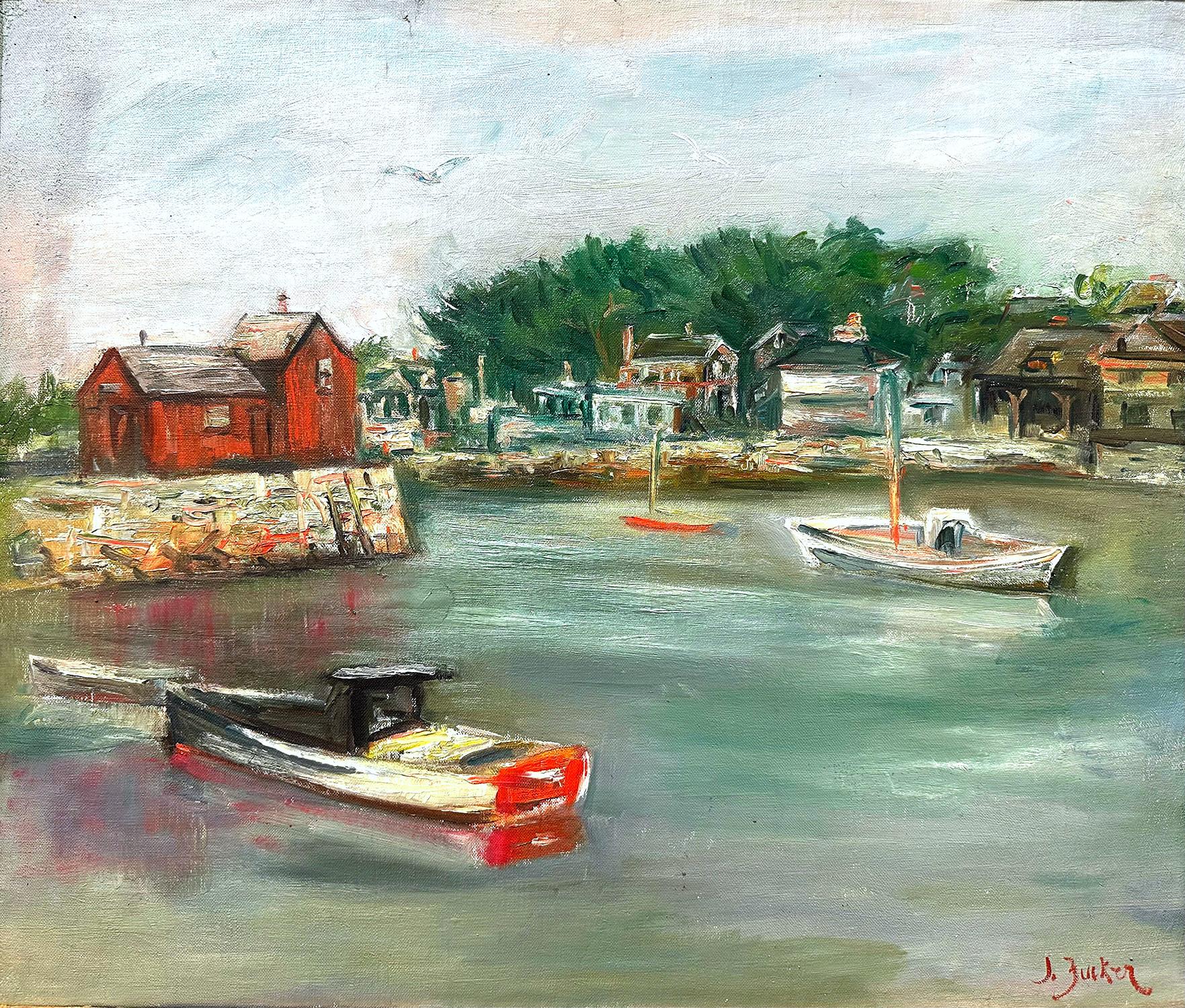 This painting depicts a whimsical seascape of a Connecticut town with the village houses and buildings ashore, with a few boats anchored in the area. The bright colors and quick brush strokes are what makes this painting so attractive and desirable.