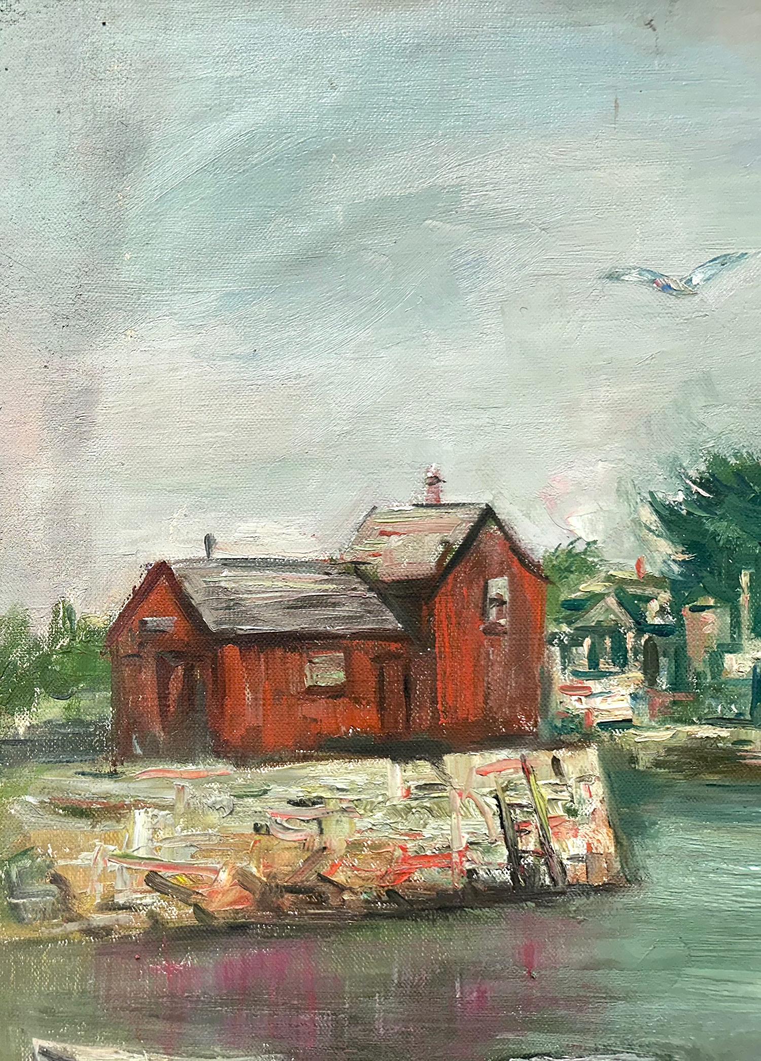 Este cuadro representa un caprichoso paisaje marino de un pueblo de Connecticut, con las casas y edificios del pueblo en tierra, y algunos barcos anclados en la zona. Los colores brillantes y las pinceladas rápidas son lo que hace que este cuadro