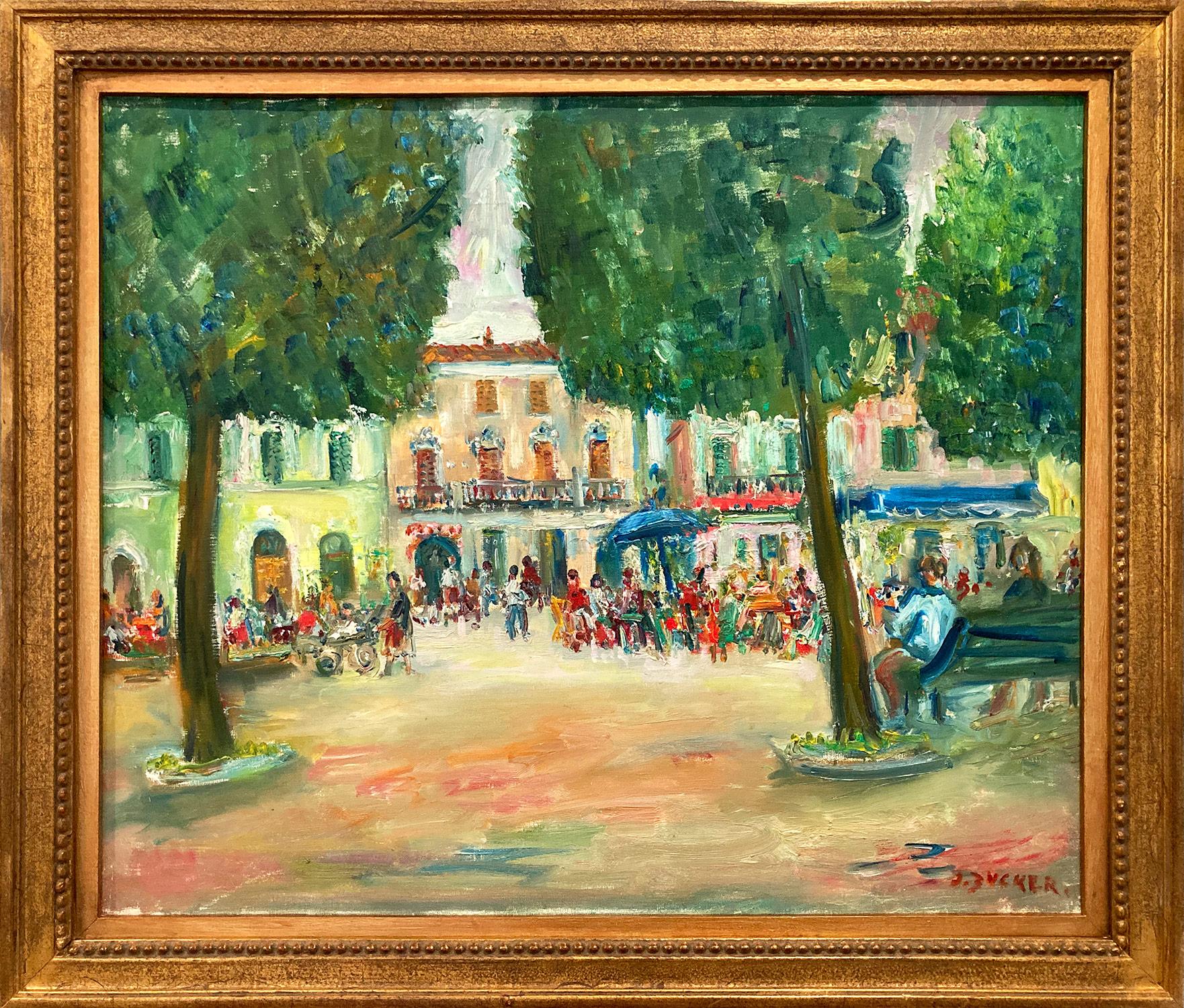 Jacques Zucker Landscape Painting - "Downtown Plaza" Post-Impressionism Landscape Oil Painting with Figures in Plaza