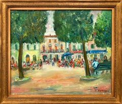"Downtown Plaza" Post-Impressionism Landscape Oil Painting with Figures in Plaza