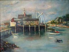 "Buildings at the Pier" Impressionist Outdoor Port Scene Oil Painting on Canvas