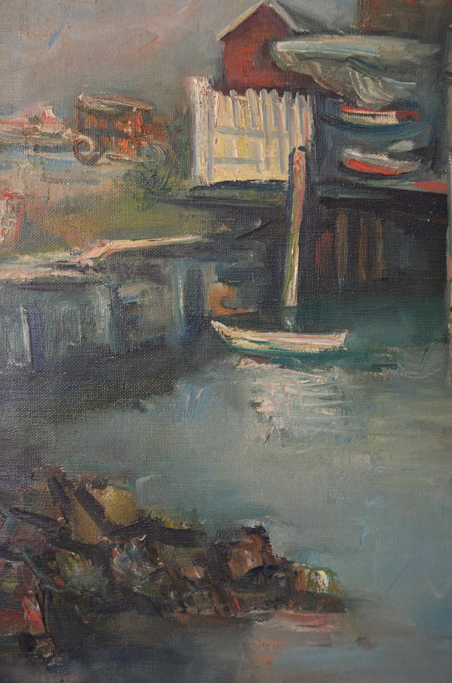 Este cuadro representa una escena al aire libre de un pequeño puerto con barcos en el agua. Los divertidos detalles son lo que hacen que este cuadro sea tan atractivo y deseable. La obra está realizada de forma muy impresionista, con colores y
