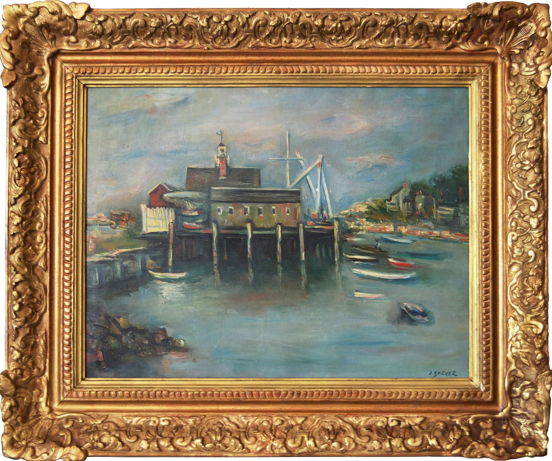 Landscape Painting de Jacques Zucker - "Edificios en el muelle" Pintura al óleo impresionista sobre lienzo de una escena portuaria al aire libre