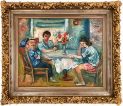 "Figures Seated around a Table with Flowers" Post-Impressionist Oil Painting