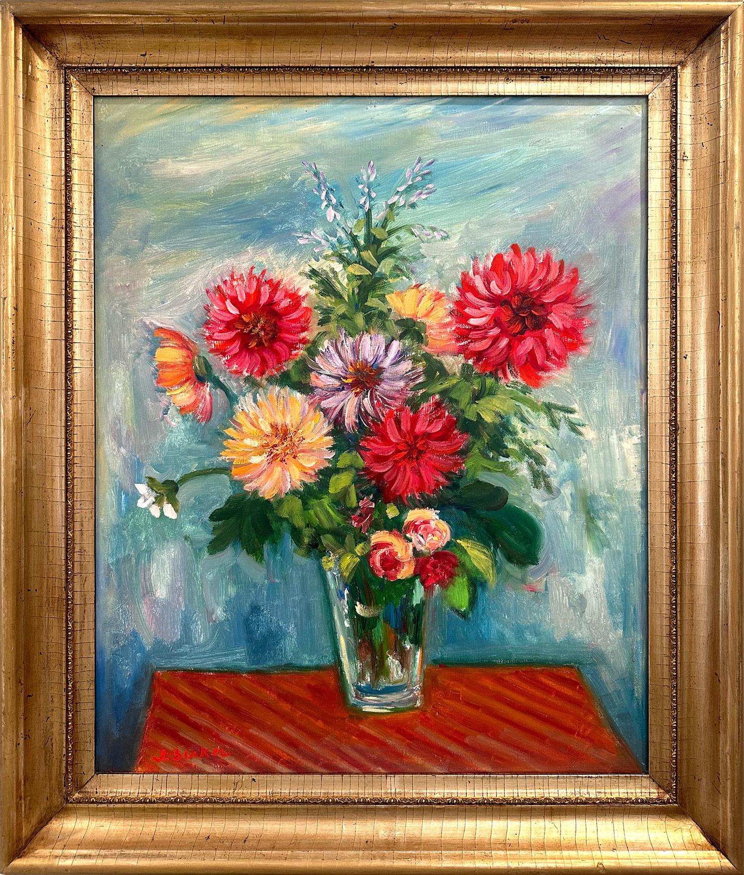 Still-Life Painting Jacques Zucker - "Nature morte post-impressionniste, peinture à l'huile, arrangement floral avec vase en verre